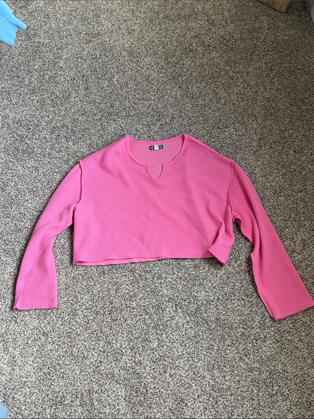 Urban Outfitters Pink Cropped Long-Sleeve Notch Neck Top